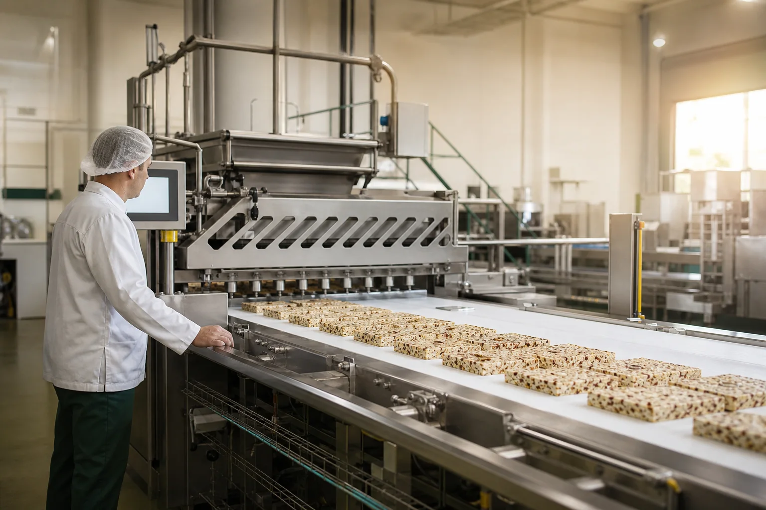 Operator monitoring a stainless-steel food production line